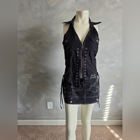 Vtg Harley-Davidson Womens M Corset Halter Lace Up Zip Embroidered Top Y2K - Picture 3 of 15